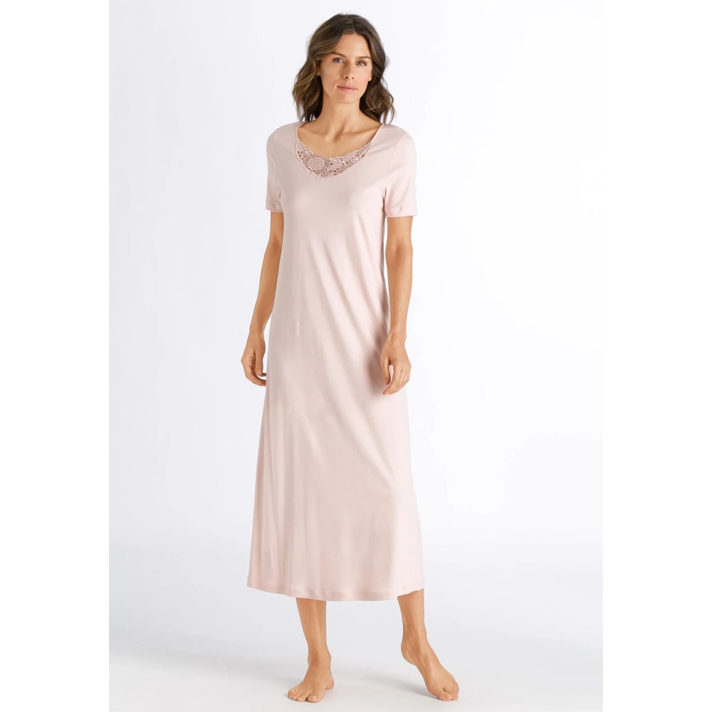 Hanro Flora Short Sleeve Long Nightie Pajama In Beige Women's Size S US 6/8